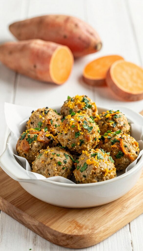 Homemade dog meatballs made with turkey and sweet potato, arranged in a bowl as a protein-packed training treat or meal topper.