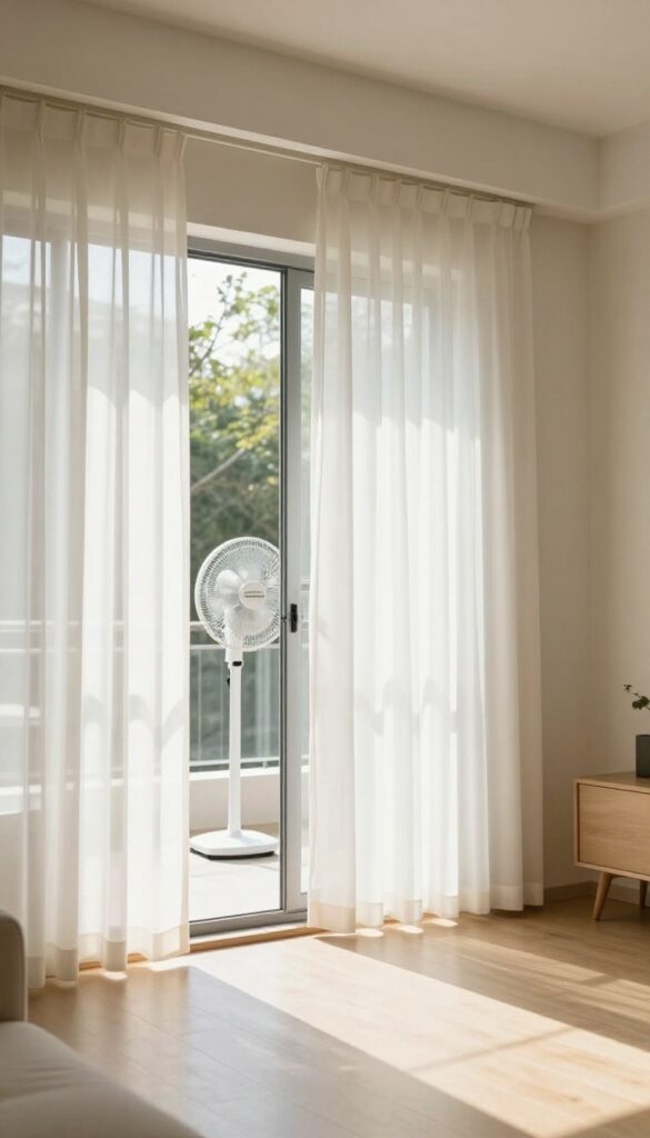 Open window with a box fan blowing outward in a bright living room, towel at bottom of closed door, clean and airy atmosphere.