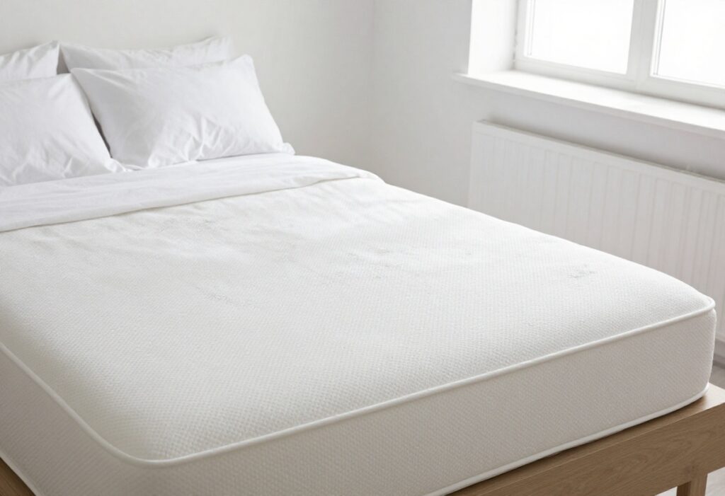 Clean mattress with white bedding and sunlight in a bedroom