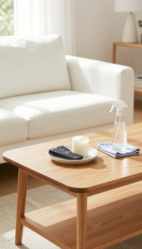 Clean coffee table with tray and cleaning supplies in bright living room