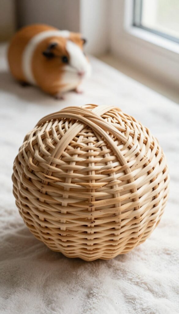 A natural woven willow ball for guinea pig chewing, placed on a soft blanket in bright natural light.