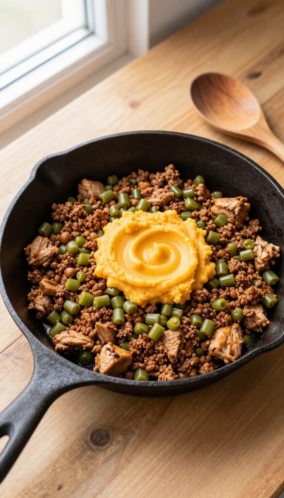 One-pan dog meal with ground turkey, green beans, and pumpkin in a cast iron skillet.