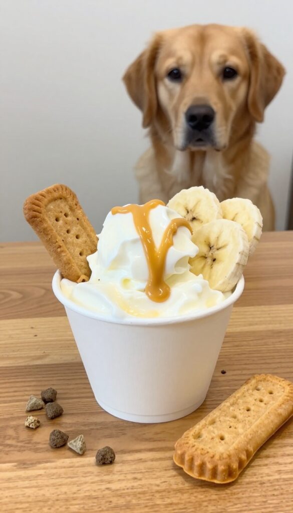 Dog-friendly ice cream sundae with yogurt, peanut butter, banana, and a dog biscuit in a paper cup on a wooden table.