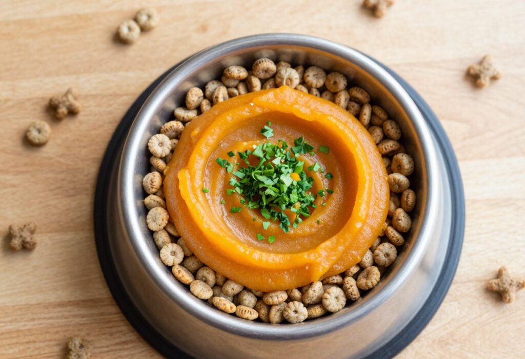 Homemade dog food topper with pumpkin on kibble in a dog bowl