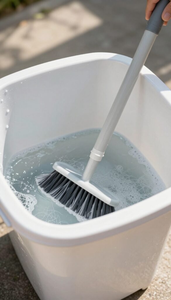 Person scrubbing trash can outdoors with brush and soapy water, hose nearby, sunlight.