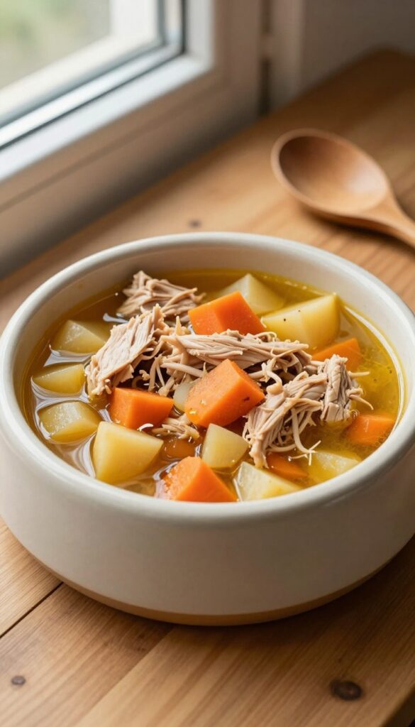 Homemade dog stew with turnip and chicken in a ceramic bowl, natural light, pet food photography