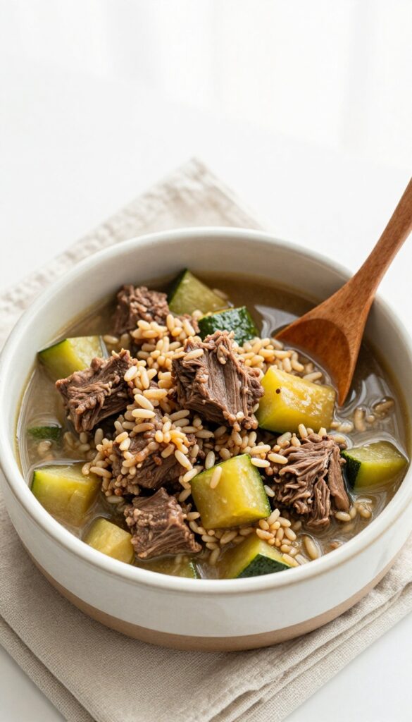 Homemade dog stew with lamb, zucchini, and brown rice in a ceramic bowl on a wooden table.