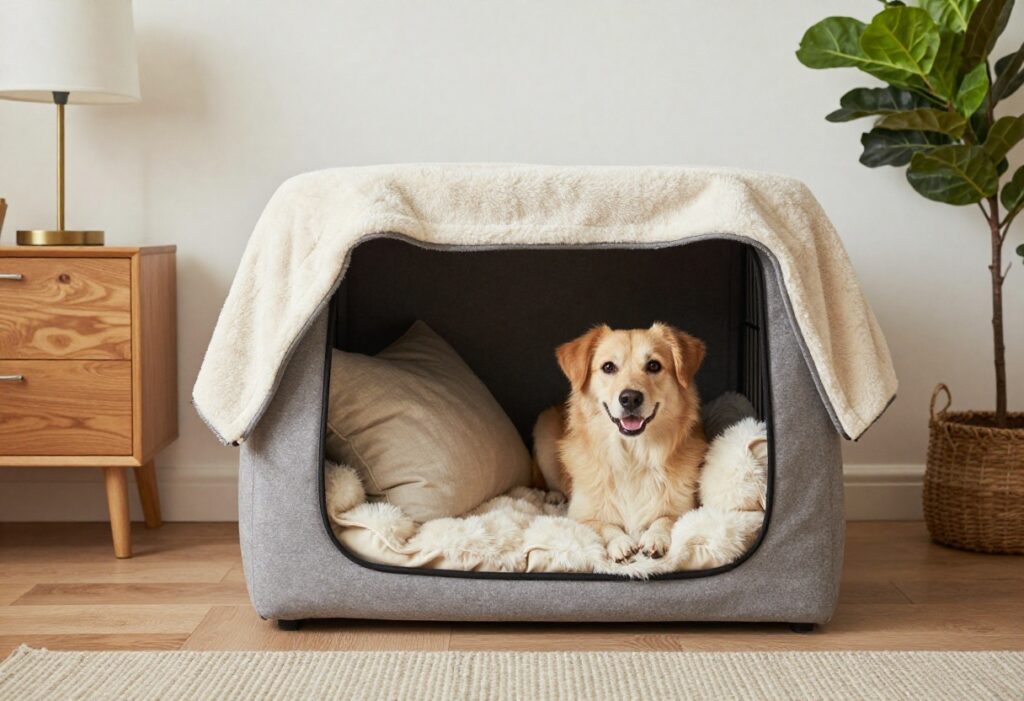 A cozy dog crate makeover with a fleece cover, faux fur bedding, and a side table with a lamp and plant.