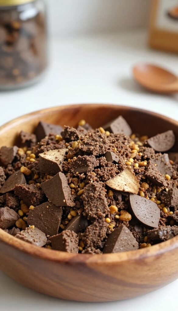 Beef liver crumbles sprinkled over dog kibble in a bowl, with extra crumbles in a jar beside it.