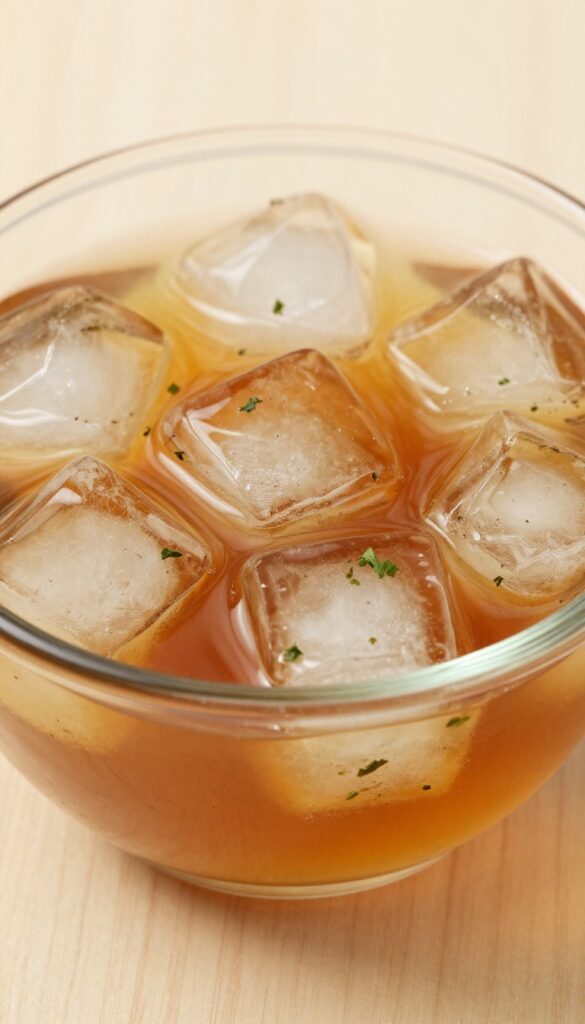 Heart broth ice cubes in a glass bowl on a wooden surface, homemade frozen dog treat.