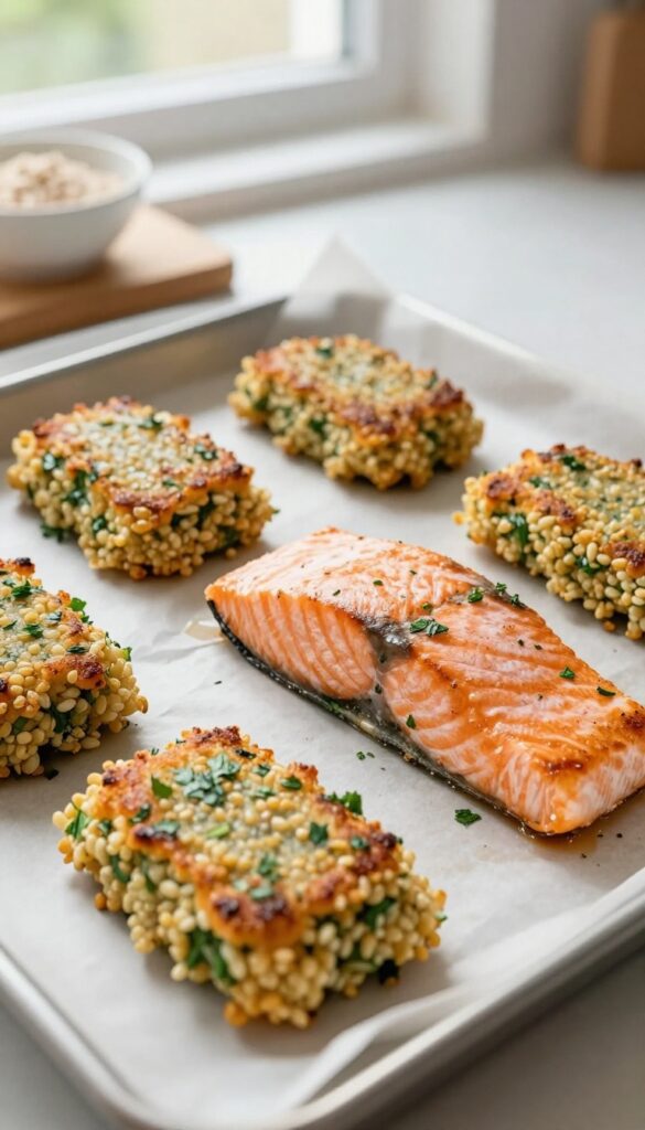 Homemade dog food salmon and quinoa patties on a baking sheet, fresh from the oven, golden brown with parsley and quinoa visible.