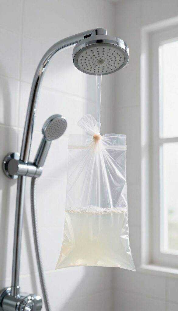 Shower head soaking in a vinegar-filled plastic bag to remove mineral deposits