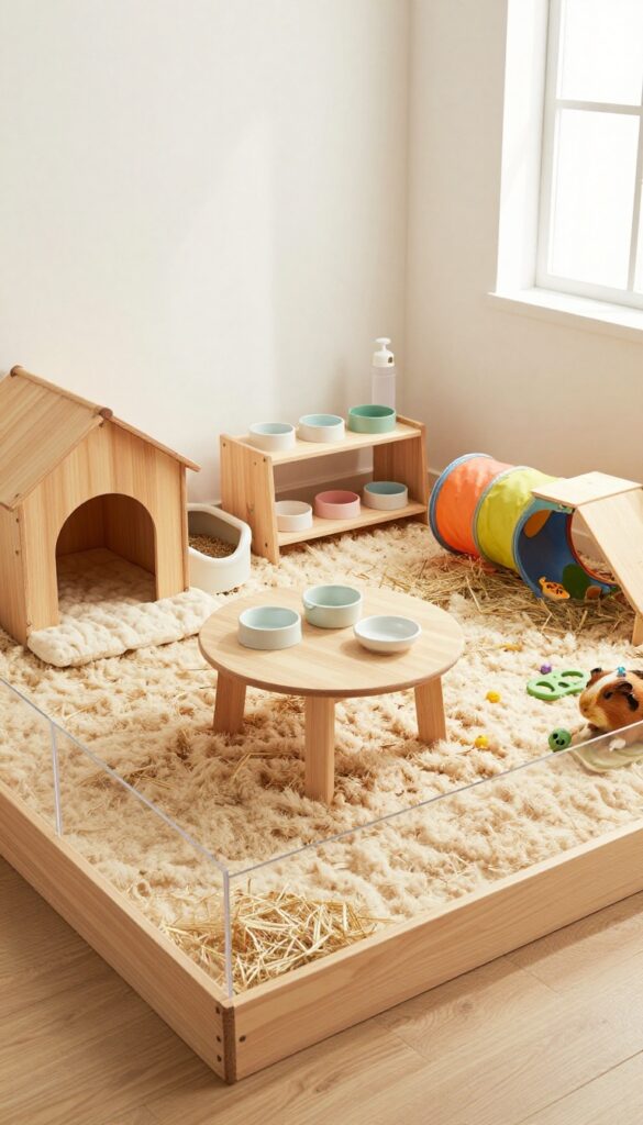 Multi-pig guinea pig mansion with separate sleeping, eating, and play zones