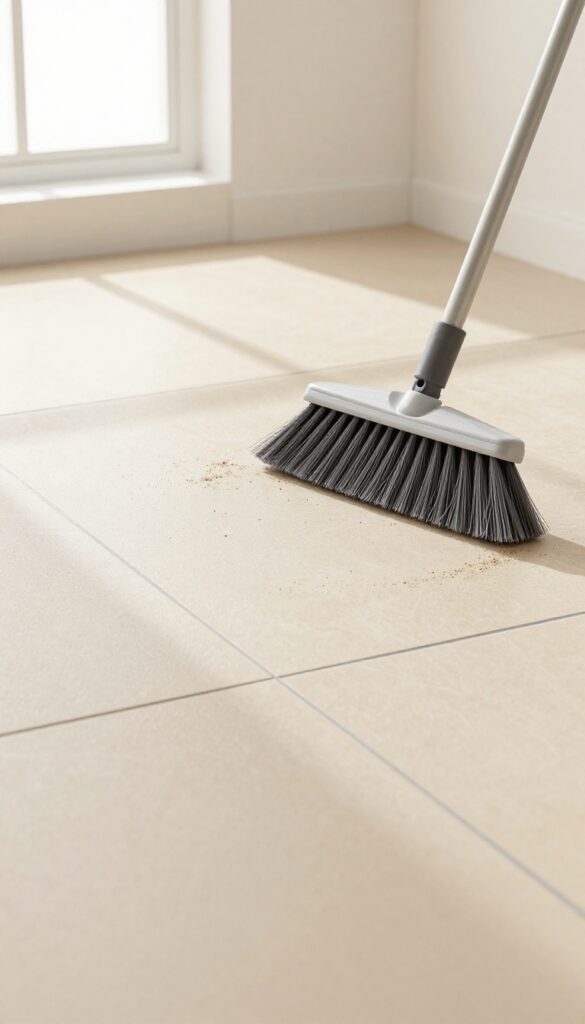 Sweeping tile floor grout lines with a stiff-bristled broom in bright natural light.