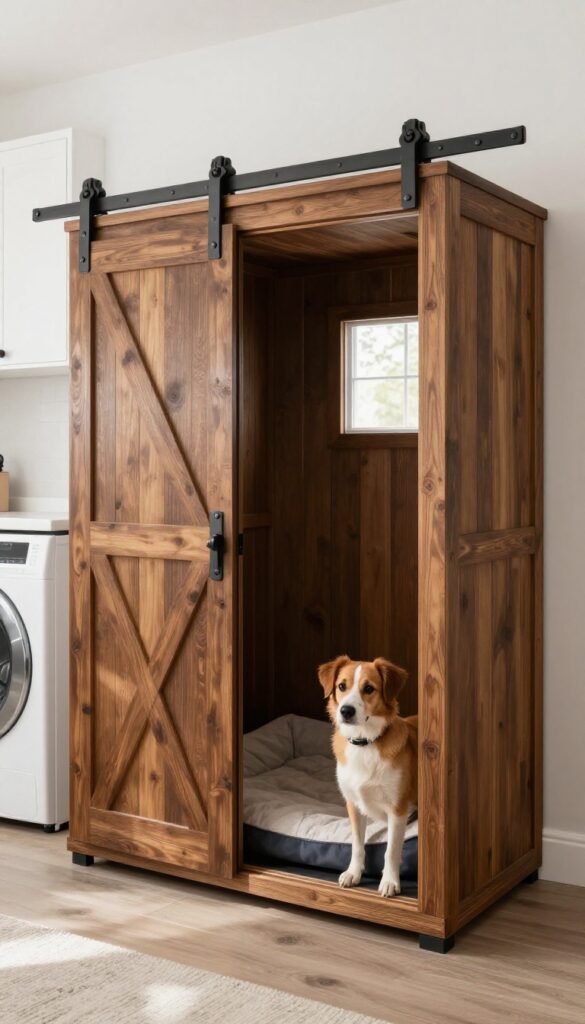 Built-in dog crate with sliding barn door in a small laundry room