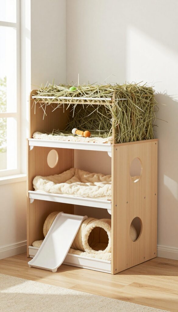 A vertical loft cage for guinea pigs in a bright living room corner, with two levels connected by a ramp, soft bedding, hideout, and toys.