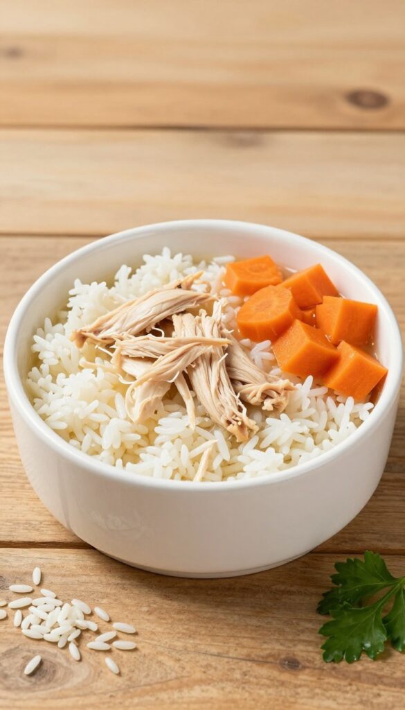 A dog bowl filled with a homemade chicken and rice comfort bowl, made with leftover rice, shredded chicken, and carrots, served on a wooden table in natural light.