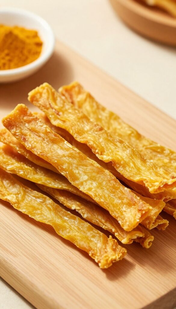 Homemade turmeric chicken jerky dog treats arranged on a wooden cutting board with turmeric powder nearby.