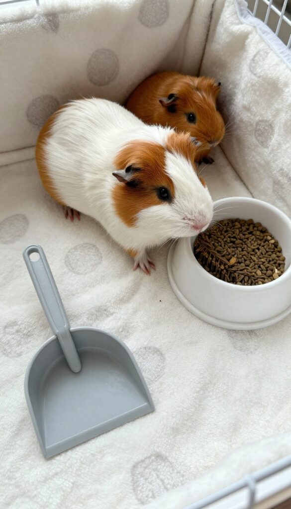 Guinea pig cage with fleece liners, dustpan, and brush for easy spot-cleaning.