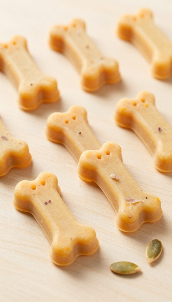 Frozen rabbit and pumpkin dog treats in bone-shaped silicone molds on a wooden surface
