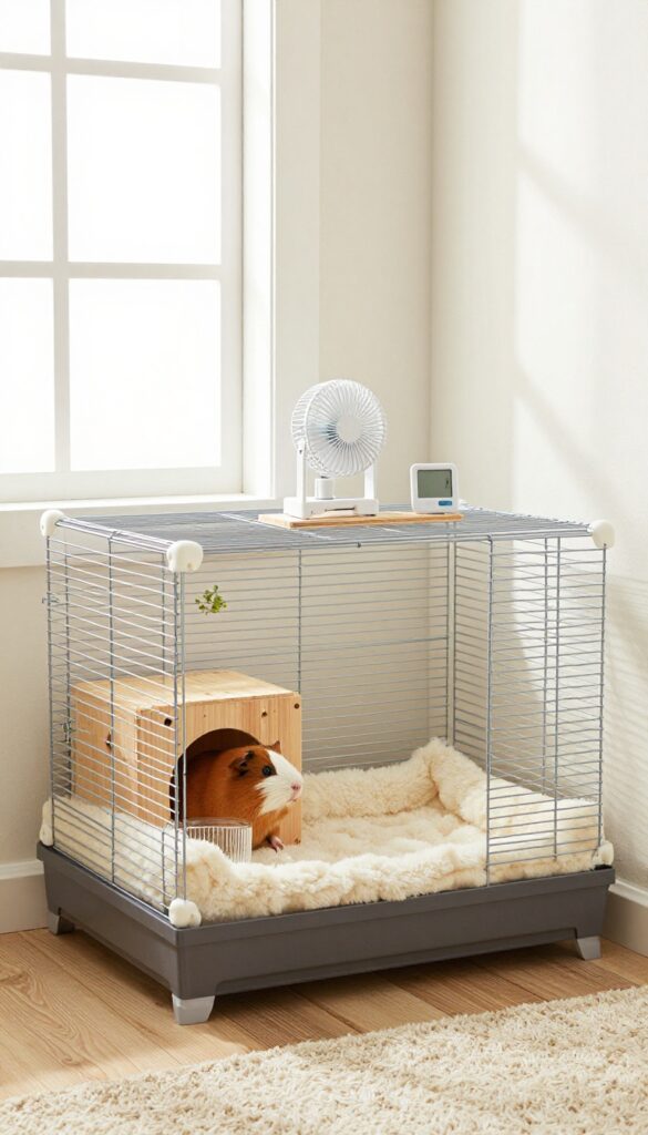 A well-ventilated guinea pig cage with wire mesh sides, placed in a bright room with consistent temperature, featuring fleece bedding, hideout, and thermometer.
