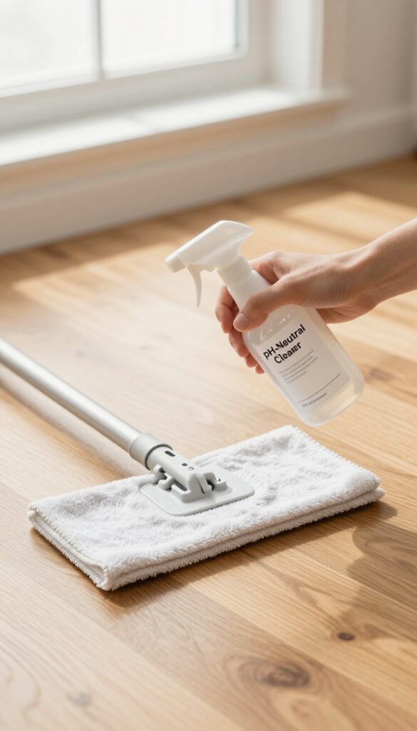 Person cleaning hardwood floor with pH-neutral cleaner and microfiber mop
