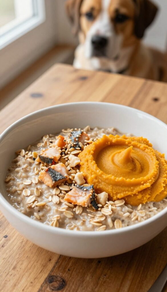 A dog-friendly breakfast bowl with oatmeal, flaked trout, and pumpkin puree on a wooden table, with a blurred dog bowl in the background.