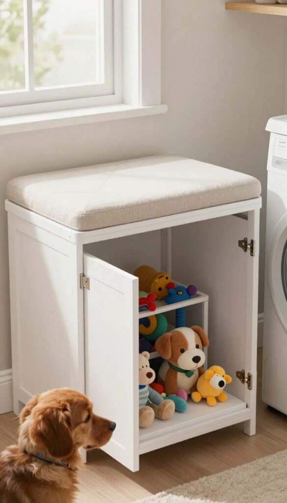 Built-in dog crate with bench seat and hidden toy storage in a laundry room