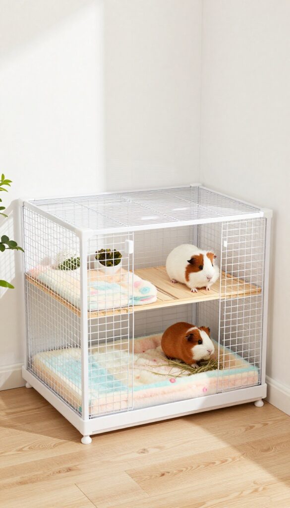 Custom L-shaped C&C guinea pig cage in a bright corner of a small apartment living room, with two guinea pigs and natural light.