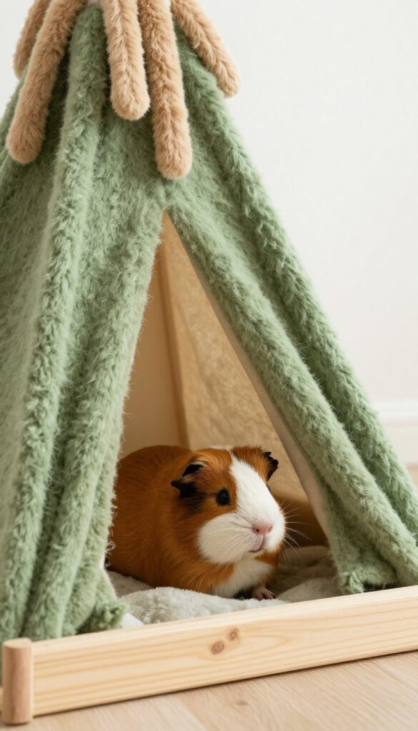Guinea pig cage with fleece forest and tent in natural colors