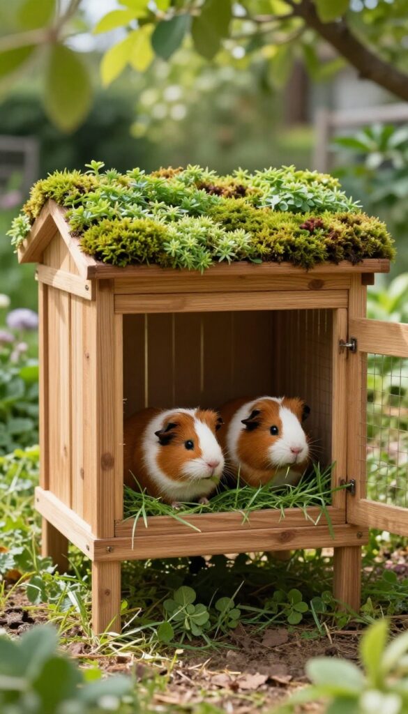 Pallet wood guinea pig cage with a living roof in a sunny garden