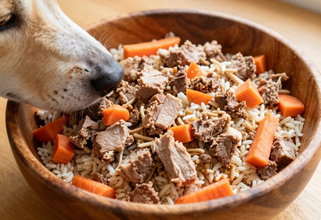 Homemade lean pork dog food in a bowl with rice and carrots, a dog sniffing nearby.