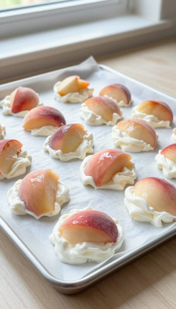 Homemade frozen peach and yogurt dog treats on a baking sheet, soft fruity bites for dogs.