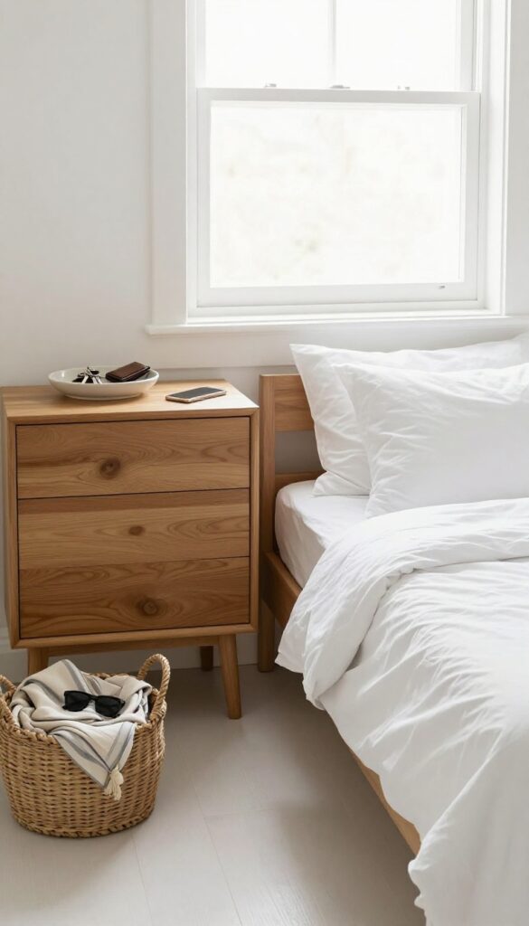 A tidy bedroom with a designated tray for daily essentials on a dresser near the entrance.