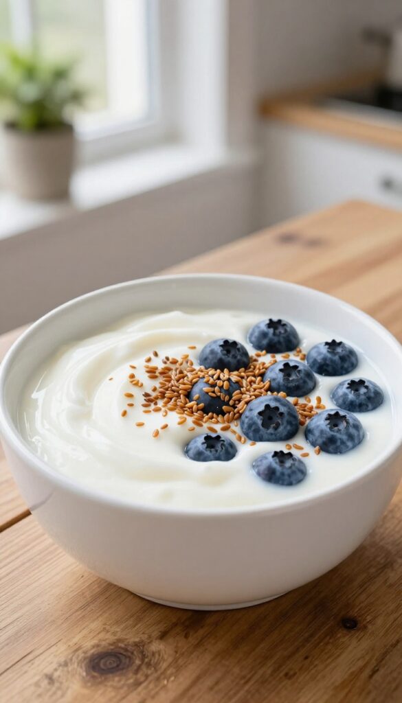 Dog breakfast bowl with plain yogurt, fresh blueberries, and ground flaxseed in a white ceramic bowl on a wooden table.