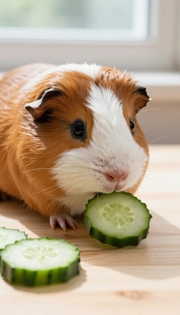 Guinea pig eating a cucumber slice
