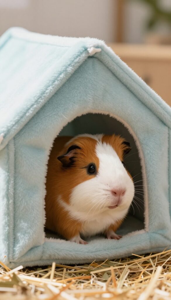 A guinea pig peeking out from a soft fleece hideaway tent in a cozy enclosure with natural light.
