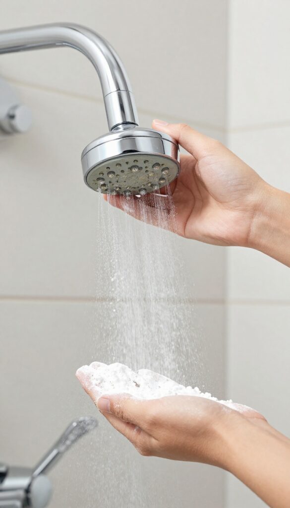 A hand sprinkling baking soda on a shower head with mineral buildup in a bright bathroom