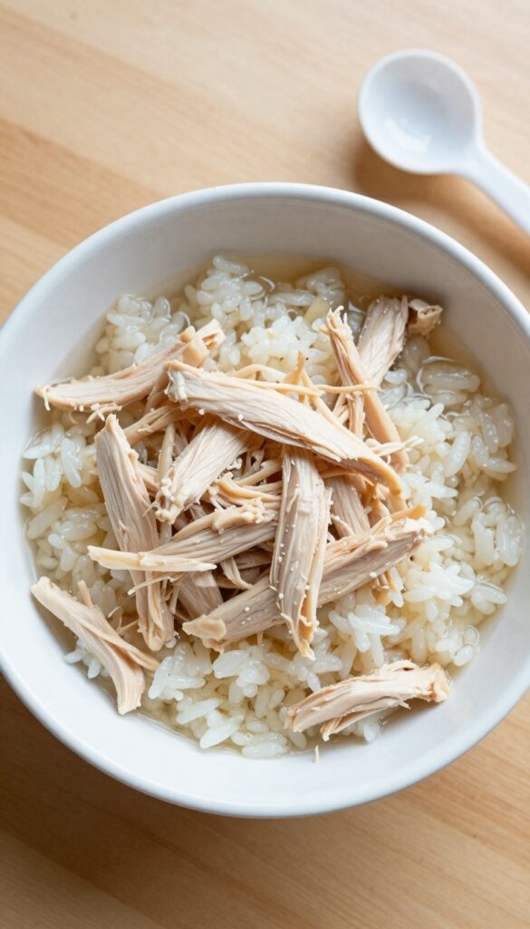 A white dog bowl filled with shredded chicken and rice, with a spoon beside it on a wooden table.