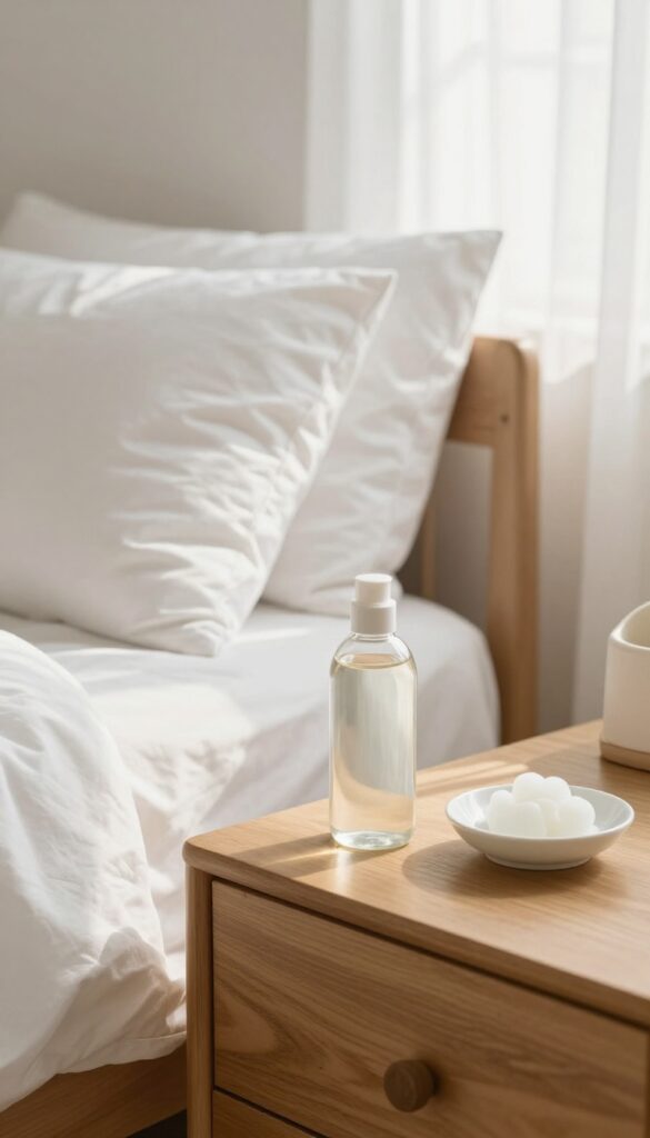 Cozy bedroom with fluffy pillows and gentle detergent on nightstand
