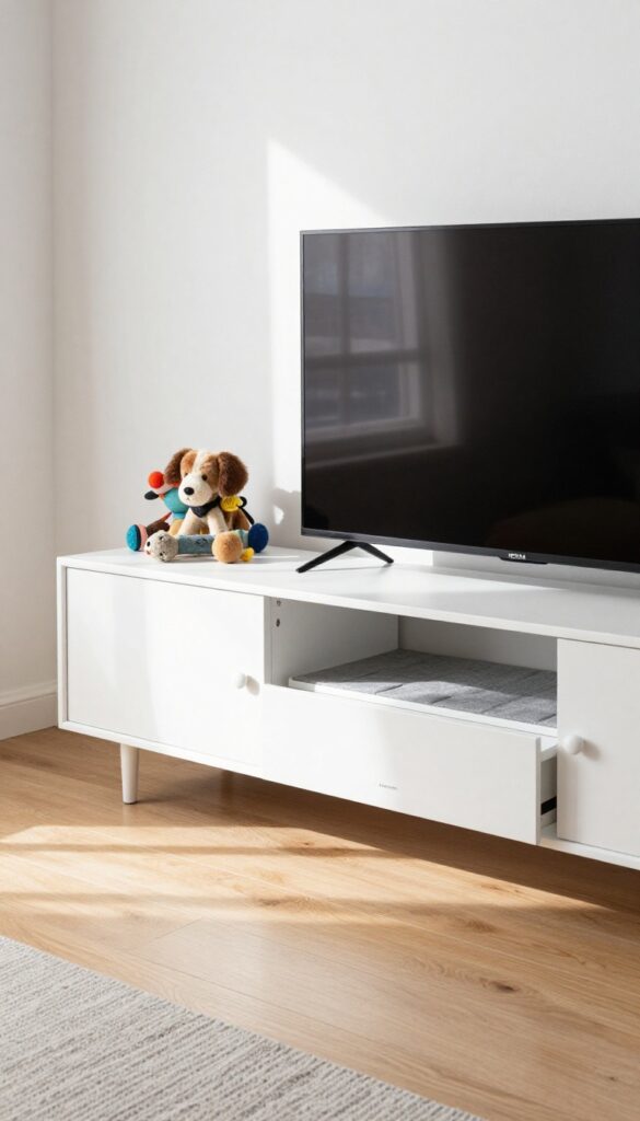 IKEA BESTA TV stand with hidden dog crate door slightly open, showing crate mat inside, in bright living room.