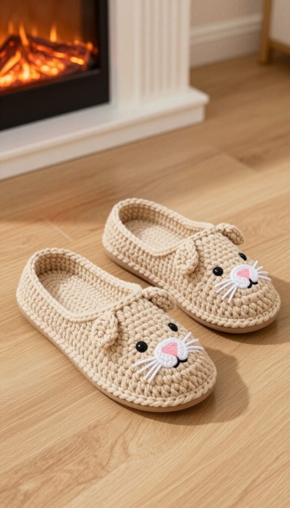 Cozy crochet guinea pig slippers on a wooden floor by a fireplace