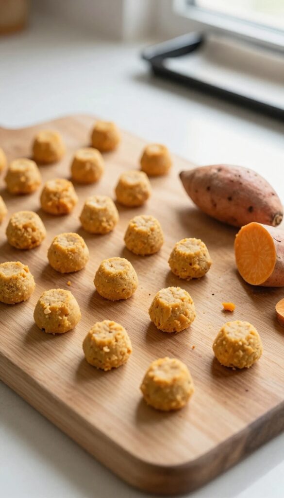 Homemade sweet potato and chicken dog treats, small golden-brown balls on a wooden board, with sweet potato and chicken ingredients in the background.