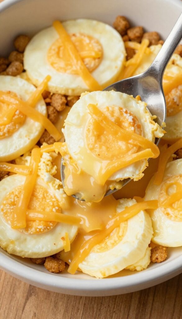 Warm egg and cheese scramble spooned over dry kibble in a dog bowl, with a spatula nearby.