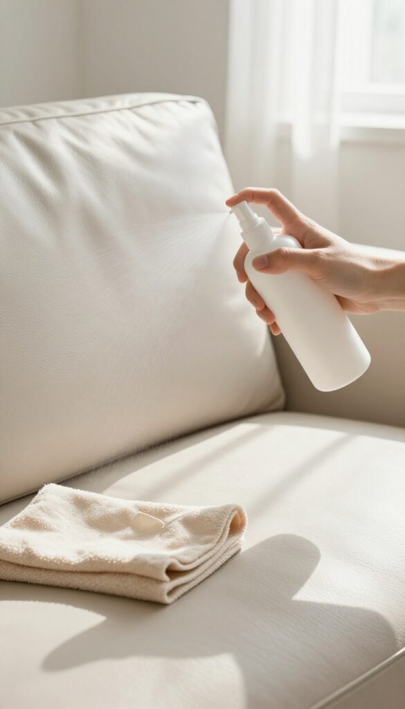 Applying leather sealant spray to a light-colored leather couch in a bright living room