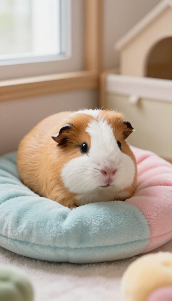 A guinea pig resting in a soft fleece cuddle cup in a cozy cage corner.