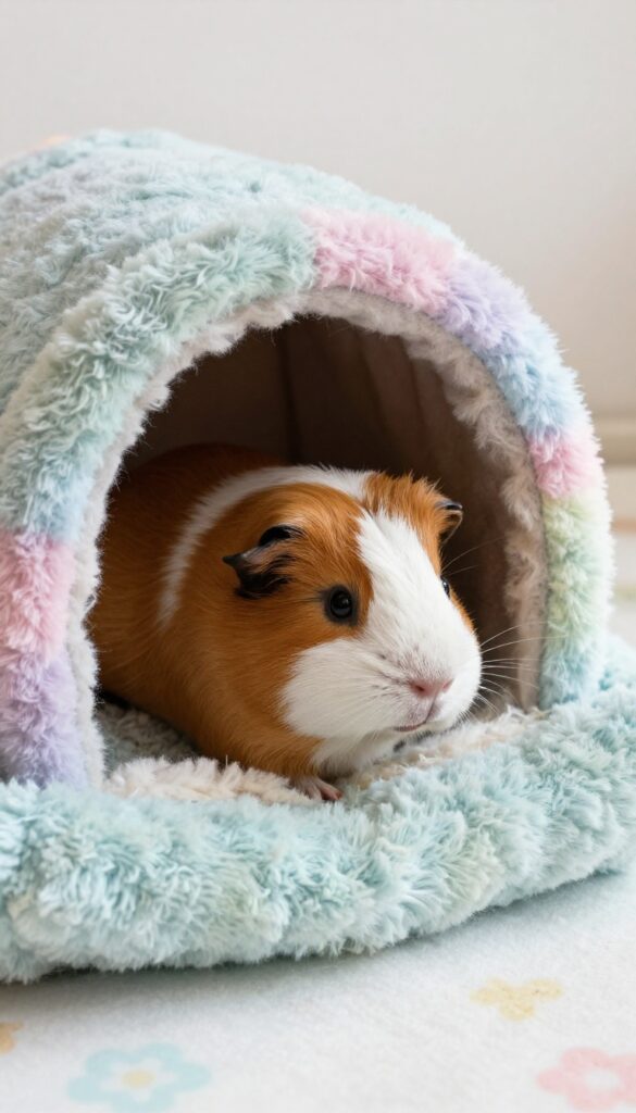 Cozy guinea pig cage corner with soft fleece bedding, hideout, and tunnel, guinea pig resting on cuddle cup