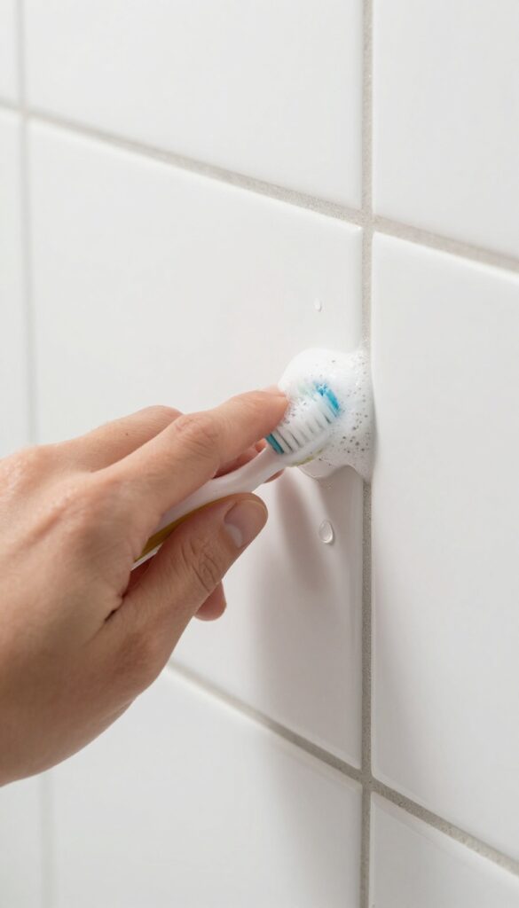 Hand scrubbing bathroom grout with a toothbrush and dish soap