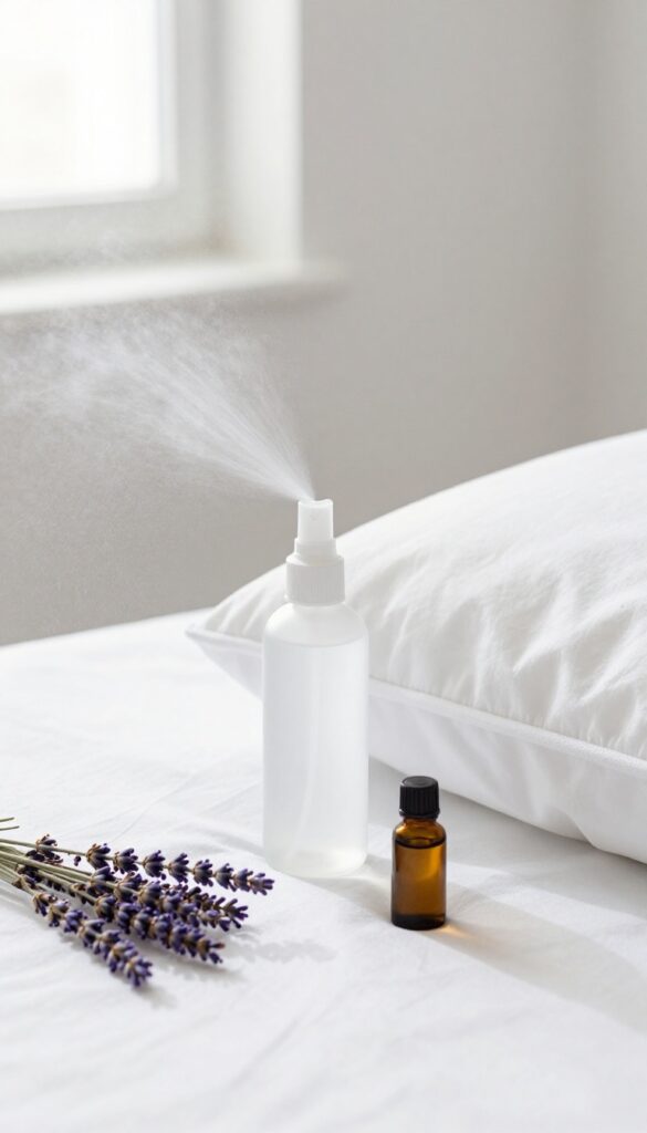Spraying lavender essential oil mist on a clean white mattress in a bright bedroom