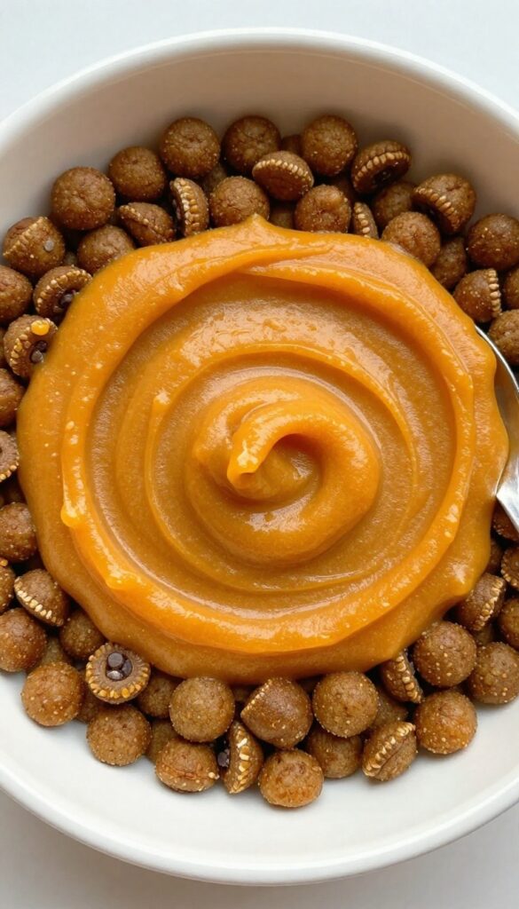 Dog bowl with kibble and pumpkin purée swirl, spoon beside bowl, bright natural light, photorealistic pet food photography.